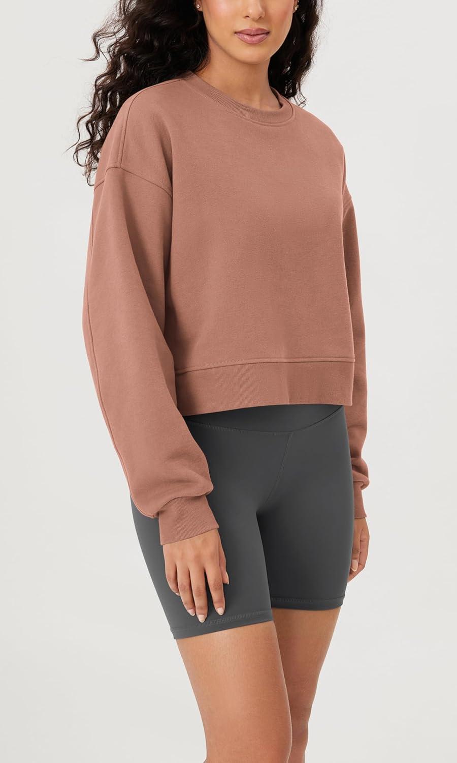 imageODODOS Womens Fleece Lined Oversized Cropped Sweatshirts Long Sleeve Crew Neck Pullover Crop TopMuted Clay