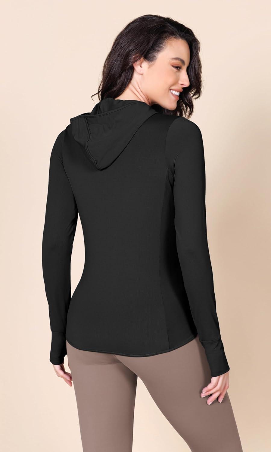 imageODODOS Womens UPF 50 Sun Protection Hoodie with Pockets Thumb Holes SPF Lightweight Long Sleeve Full Zip JacketBlack