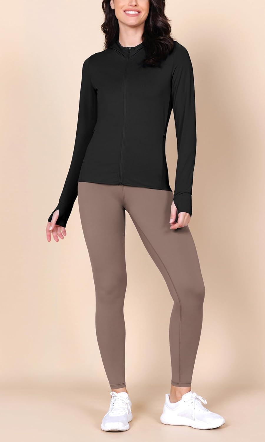 imageODODOS Womens UPF 50 Sun Protection Hoodie with Pockets Thumb Holes SPF Lightweight Long Sleeve Full Zip JacketBlack