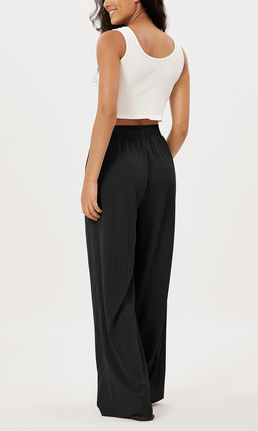 imageODODOS Womens Wide Leg Pants with Pockets Crinkle Comfy High Waist PullOn Lounge Casual PantsBlack