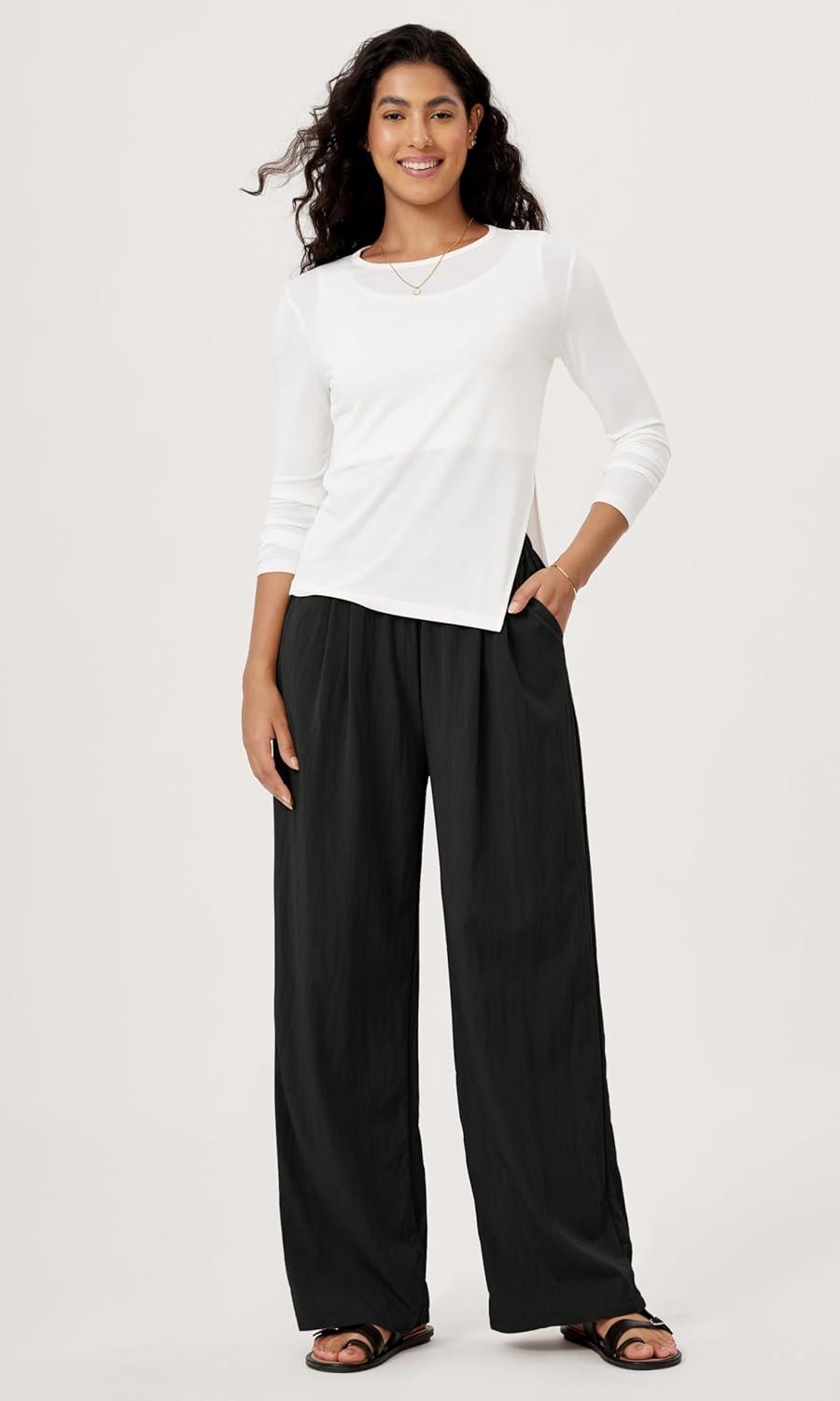 imageODODOS Womens Wide Leg Pants with Pockets Crinkle Comfy High Waist PullOn Lounge Casual PantsBlack