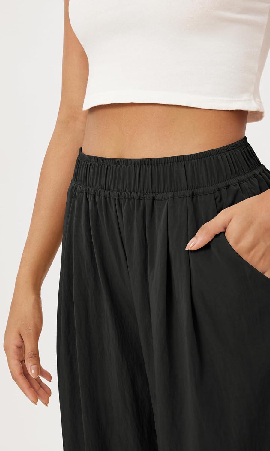 imageODODOS Womens Wide Leg Pants with Pockets Crinkle Comfy High Waist PullOn Lounge Casual PantsBlack