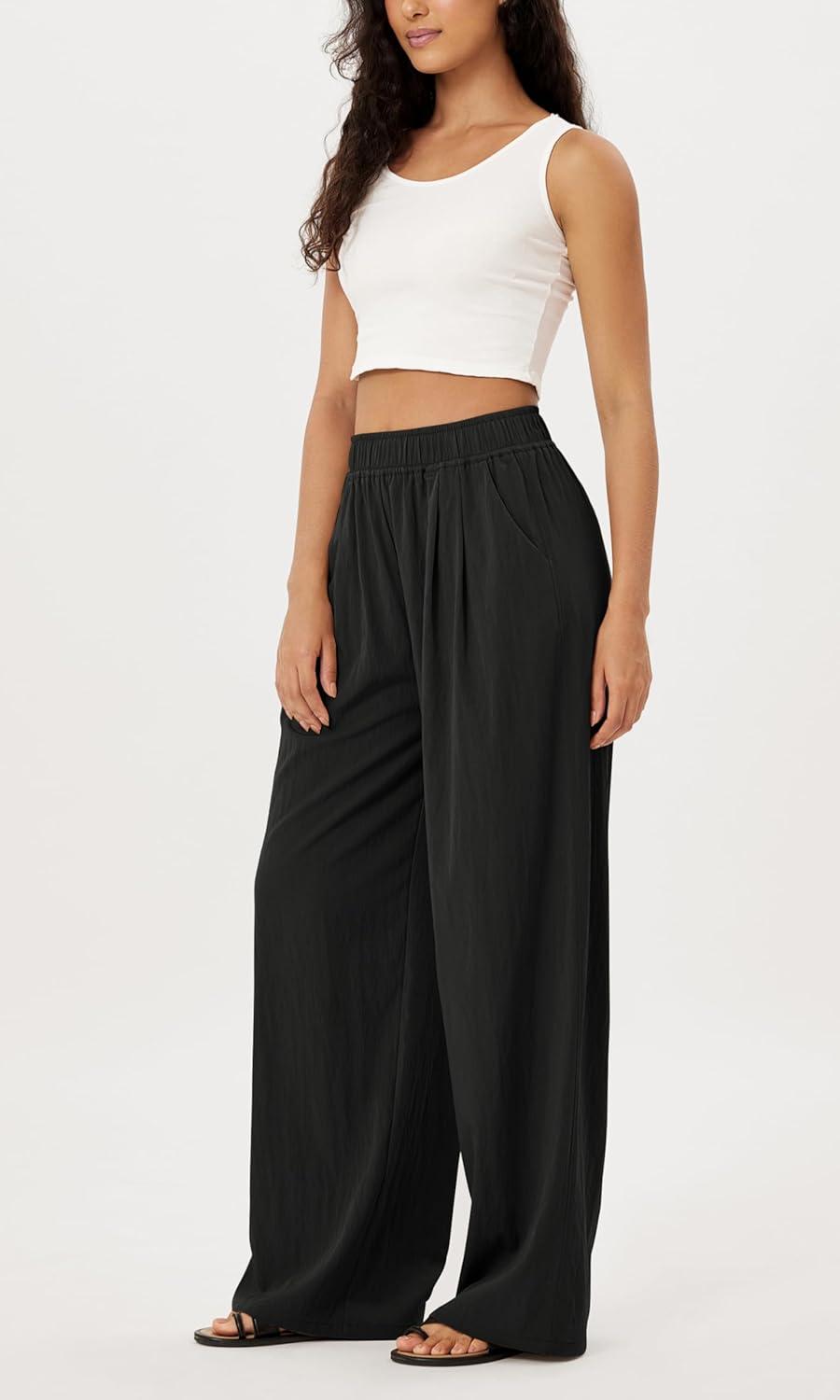 imageODODOS Womens Wide Leg Pants with Pockets Crinkle Comfy High Waist PullOn Lounge Casual PantsBlack