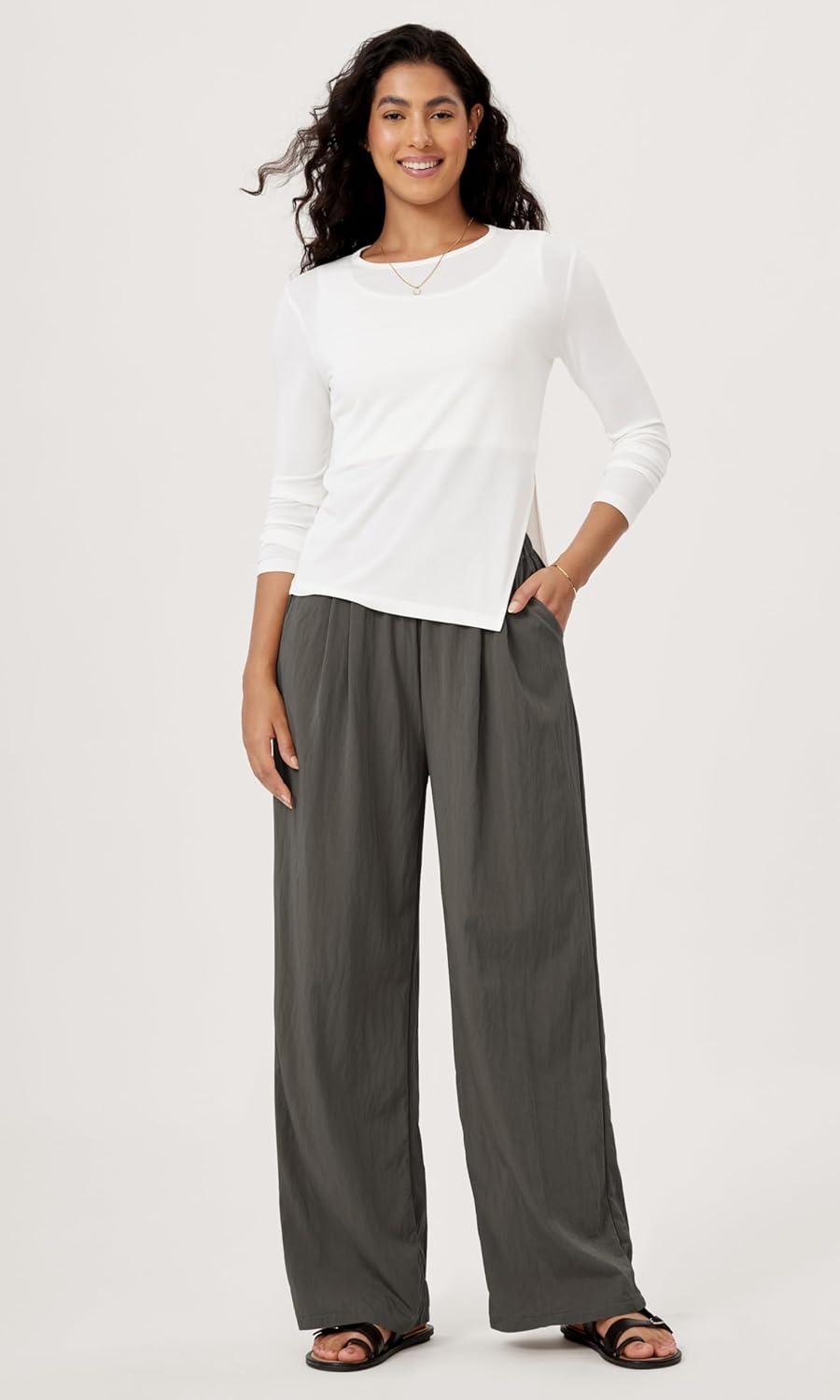 imageODODOS Womens Wide Leg Pants with Pockets Crinkle Comfy High Waist PullOn Lounge Casual PantsCharcoal