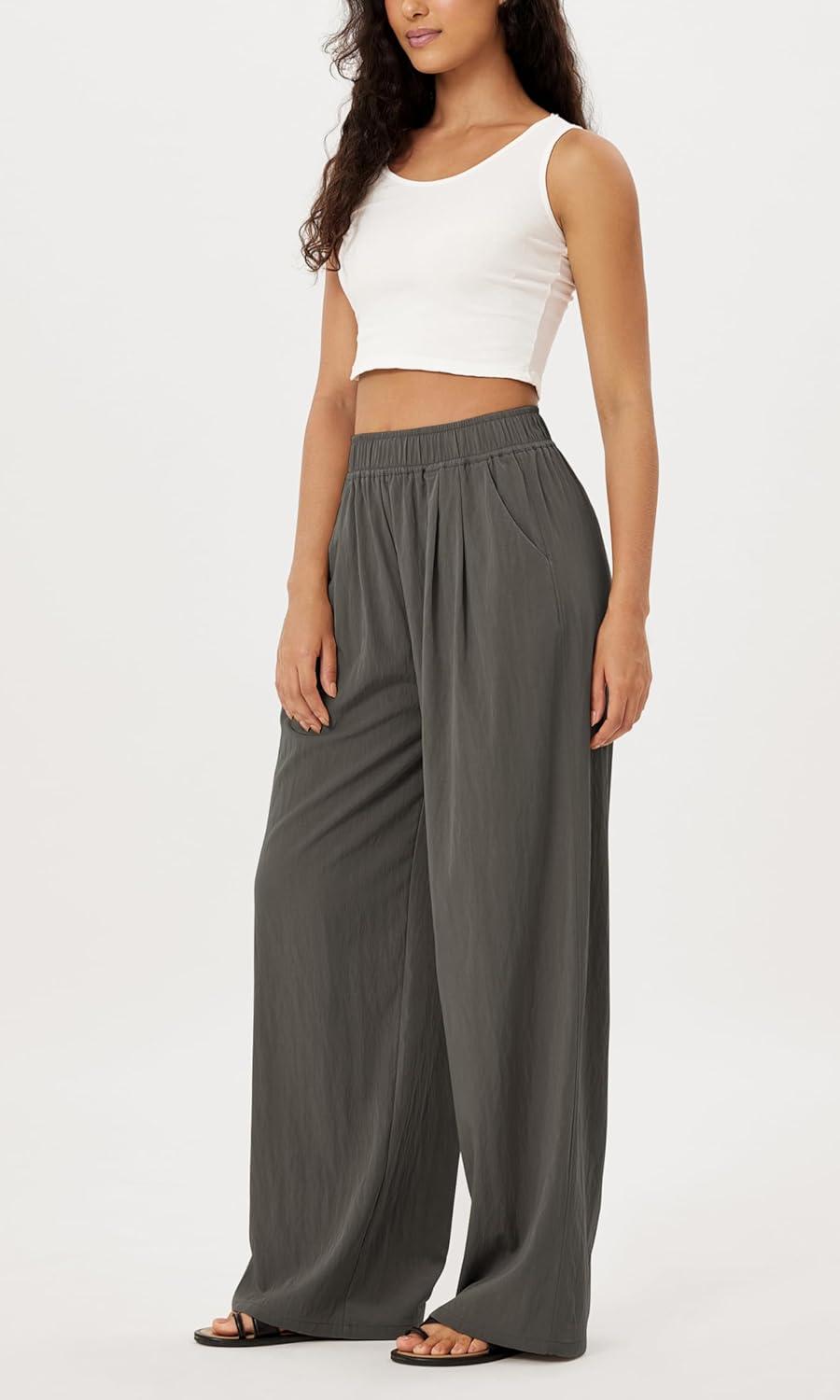 imageODODOS Womens Wide Leg Pants with Pockets Crinkle Comfy High Waist PullOn Lounge Casual PantsCharcoal