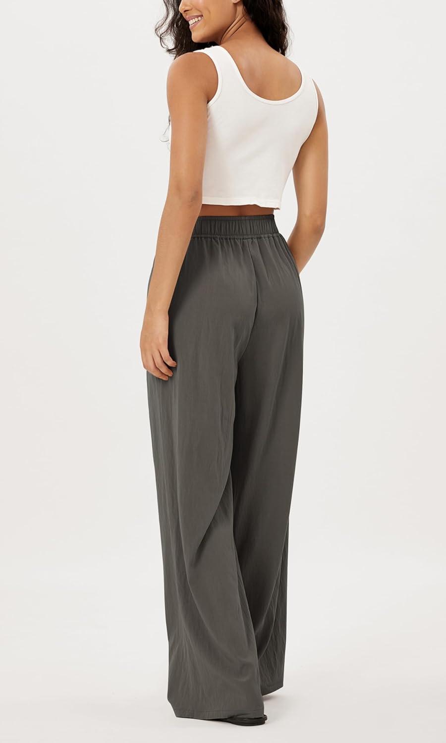 imageODODOS Womens Wide Leg Pants with Pockets Crinkle Comfy High Waist PullOn Lounge Casual PantsCharcoal