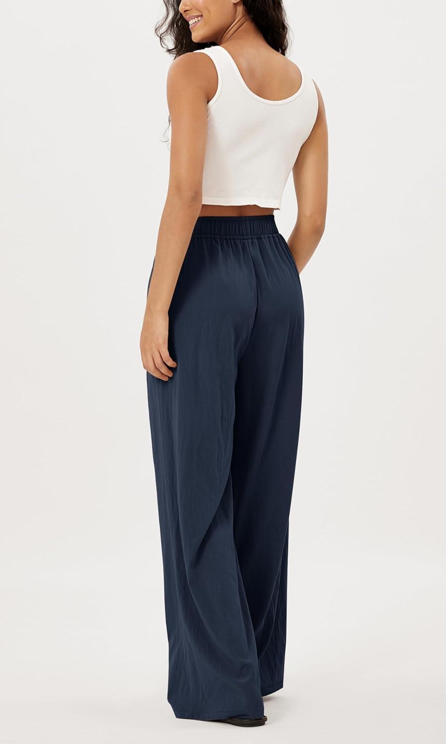 imageODODOS Womens Wide Leg Pants with Pockets Crinkle Comfy High Waist PullOn Lounge Casual PantsDark Blue