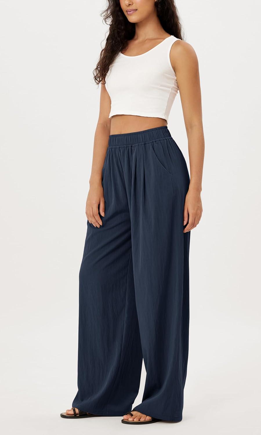 imageODODOS Womens Wide Leg Pants with Pockets Crinkle Comfy High Waist PullOn Lounge Casual PantsDark Blue