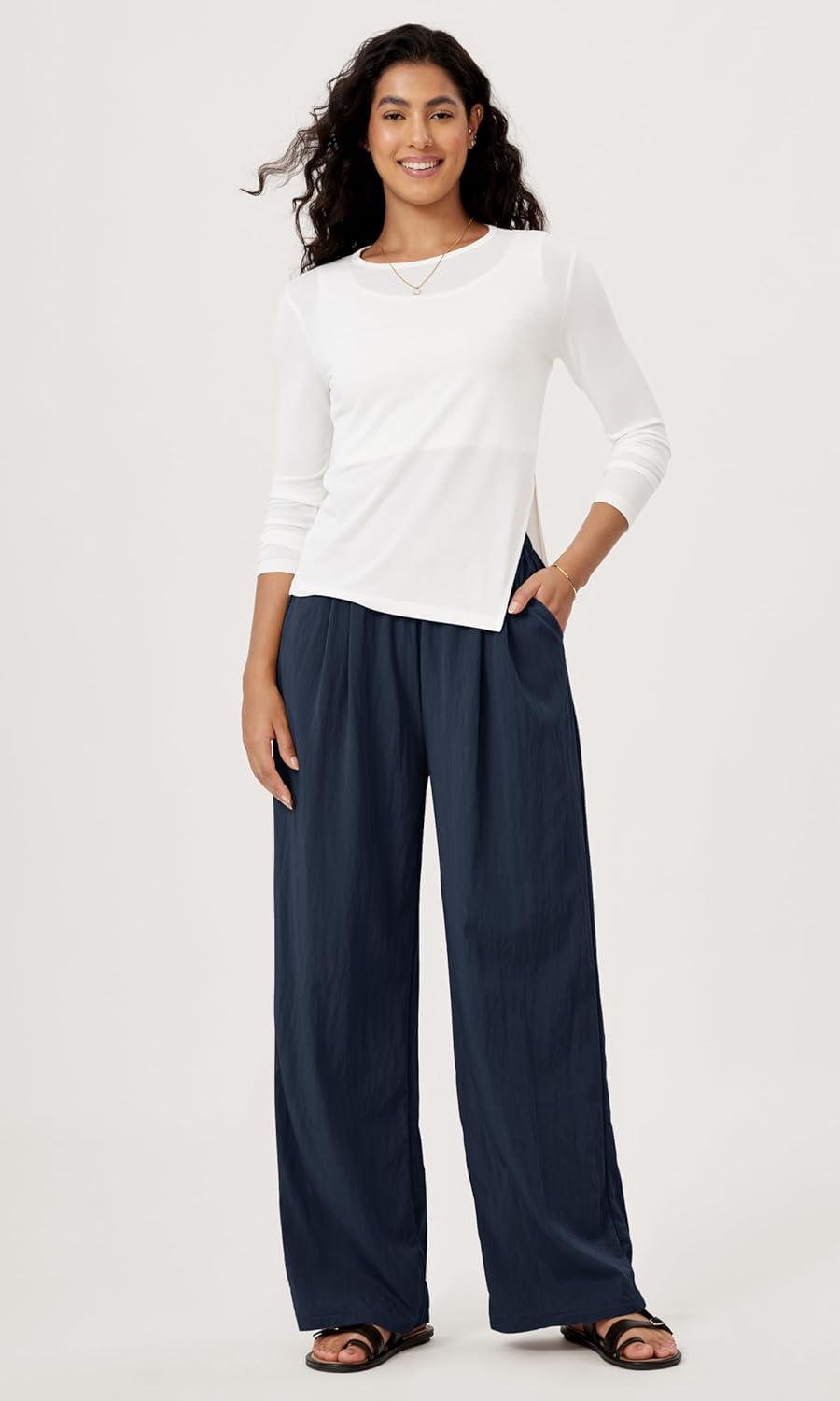 imageODODOS Womens Wide Leg Pants with Pockets Crinkle Comfy High Waist PullOn Lounge Casual PantsDark Blue