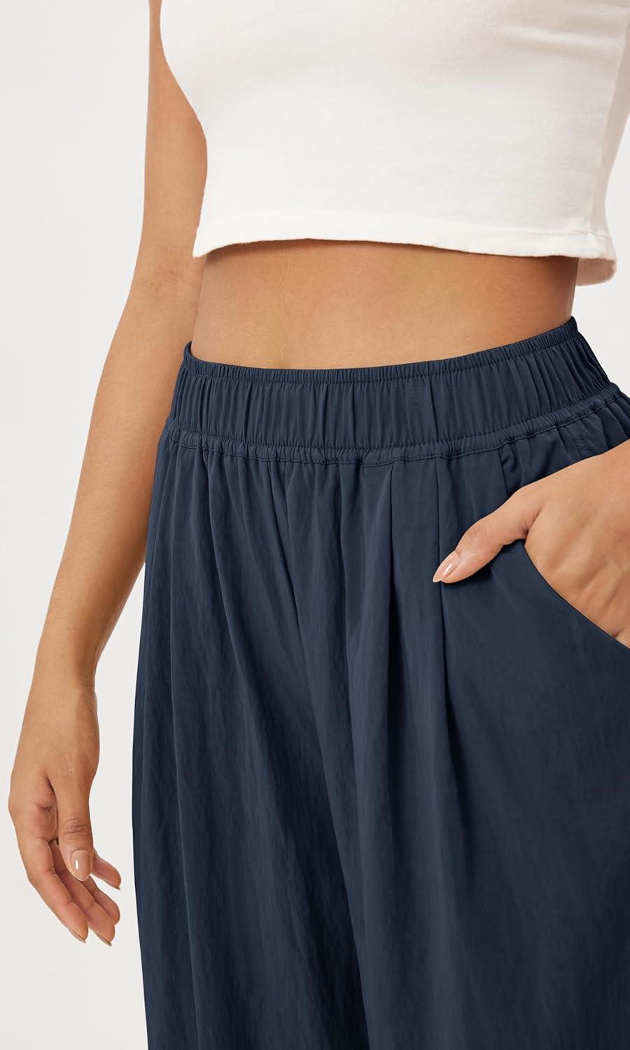 imageODODOS Womens Wide Leg Pants with Pockets Crinkle Comfy High Waist PullOn Lounge Casual PantsDark Blue