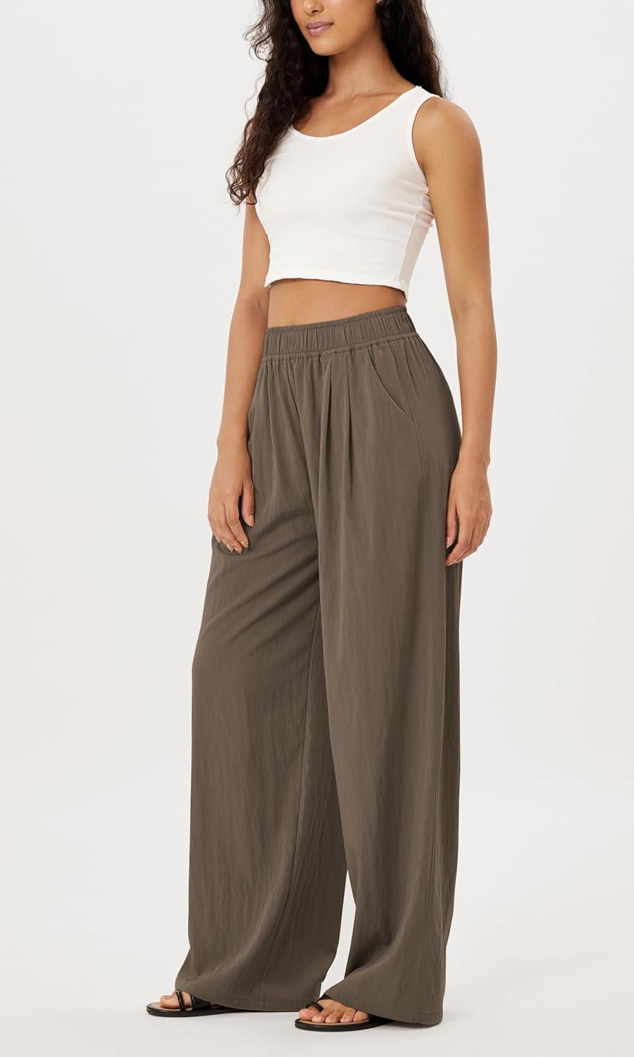 imageODODOS Womens Wide Leg Pants with Pockets Crinkle Comfy High Waist PullOn Lounge Casual PantsDark Brown