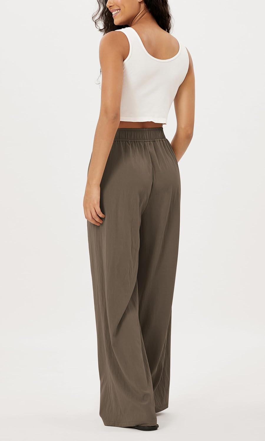 imageODODOS Womens Wide Leg Pants with Pockets Crinkle Comfy High Waist PullOn Lounge Casual PantsDark Brown