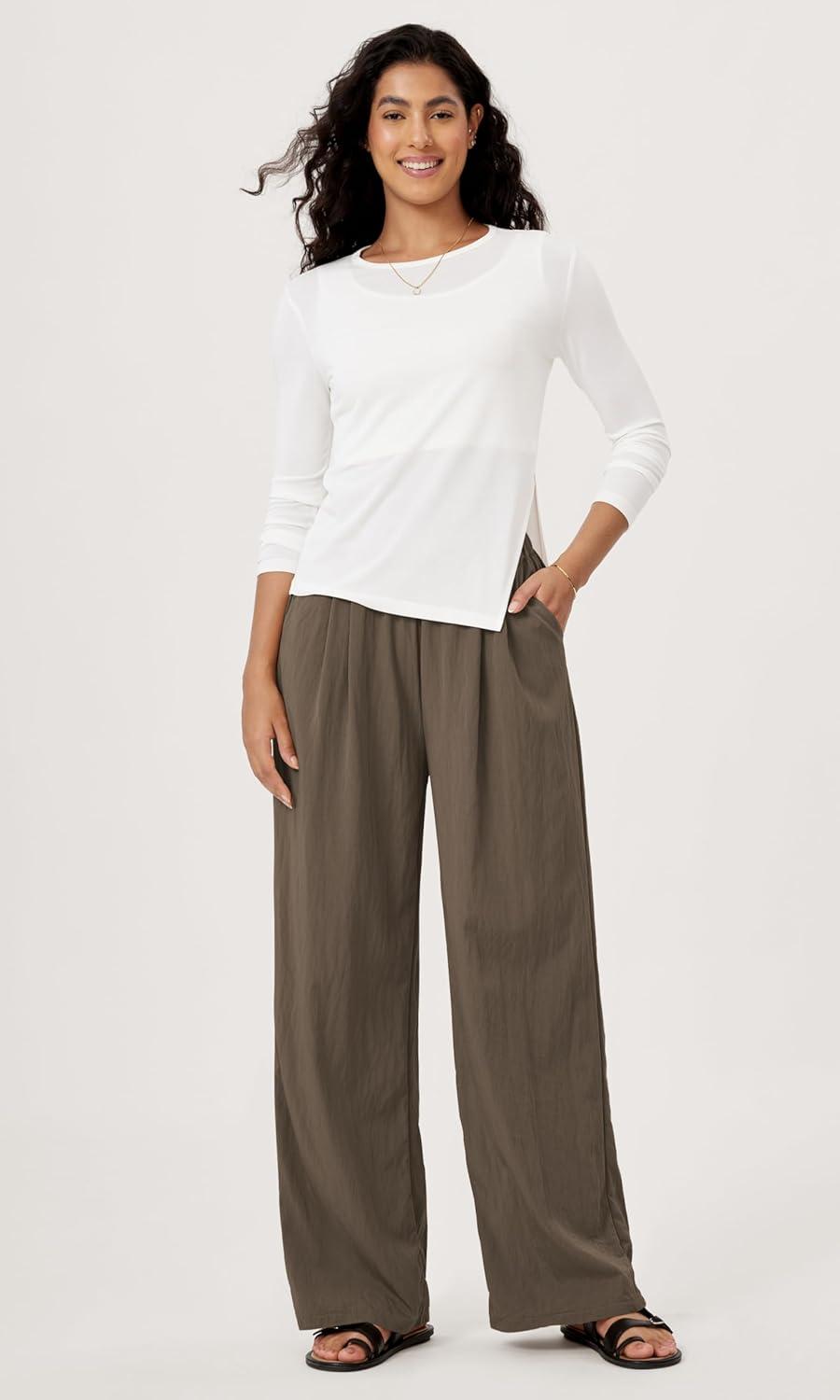 imageODODOS Womens Wide Leg Pants with Pockets Crinkle Comfy High Waist PullOn Lounge Casual PantsDark Brown