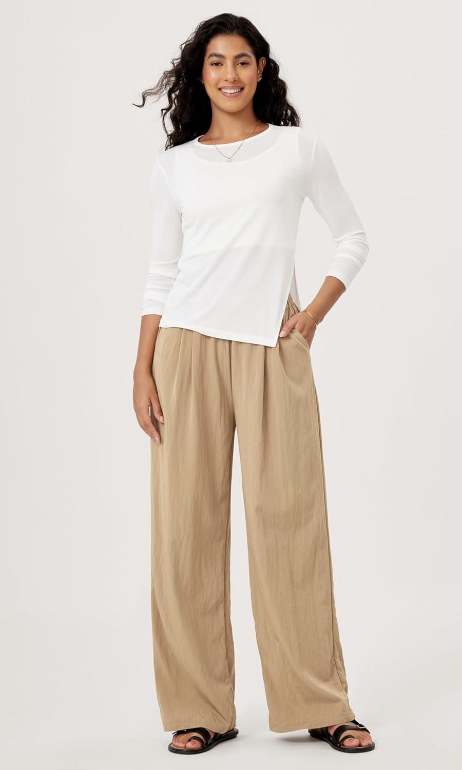 imageODODOS Womens Wide Leg Pants with Pockets Crinkle Comfy High Waist PullOn Lounge Casual PantsKhaki