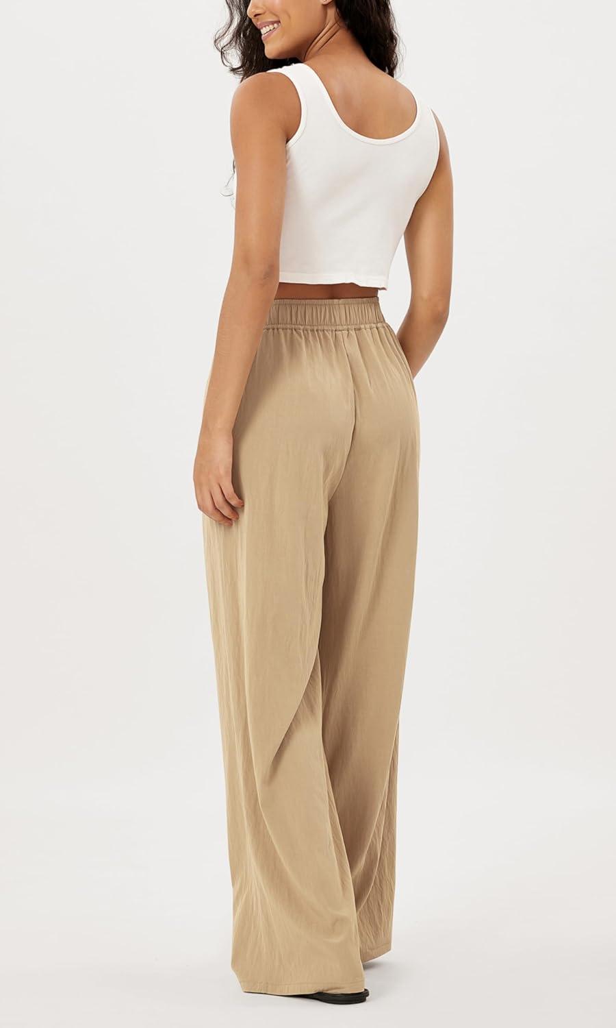 imageODODOS Womens Wide Leg Pants with Pockets Crinkle Comfy High Waist PullOn Lounge Casual PantsKhaki