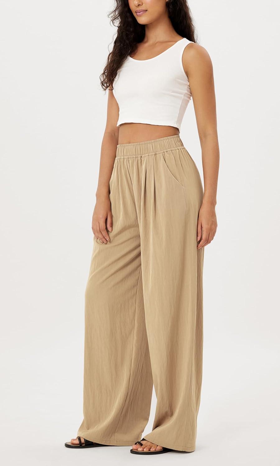 imageODODOS Womens Wide Leg Pants with Pockets Crinkle Comfy High Waist PullOn Lounge Casual PantsKhaki