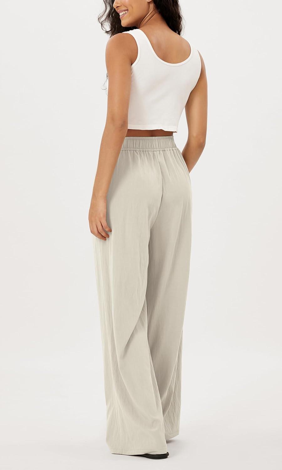 imageODODOS Womens Wide Leg Pants with Pockets Crinkle Comfy High Waist PullOn Lounge Casual PantsVaporous Gray