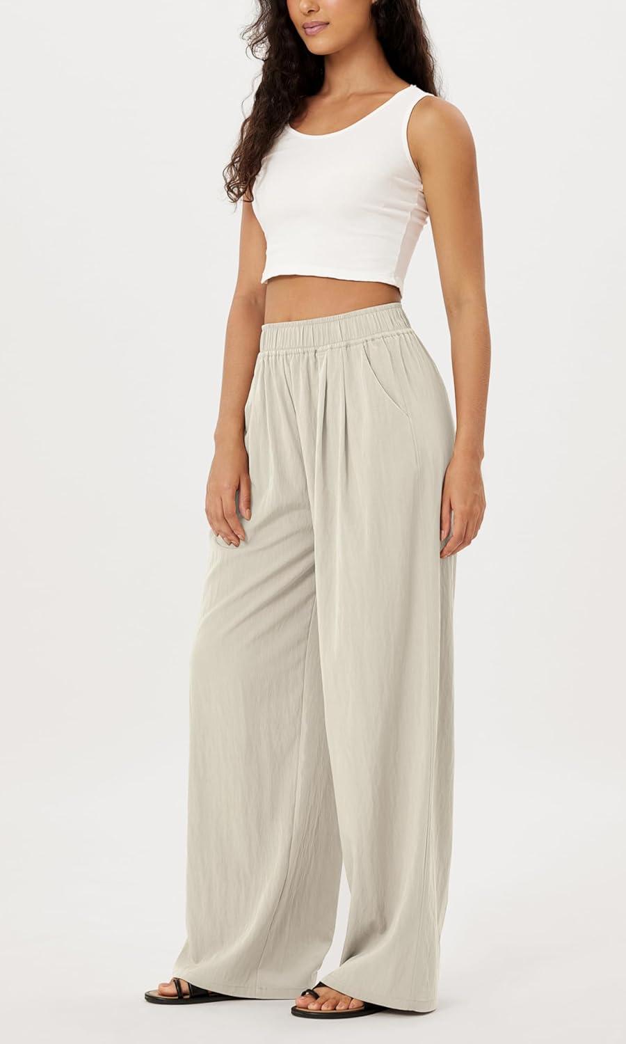 imageODODOS Womens Wide Leg Pants with Pockets Crinkle Comfy High Waist PullOn Lounge Casual PantsVaporous Gray
