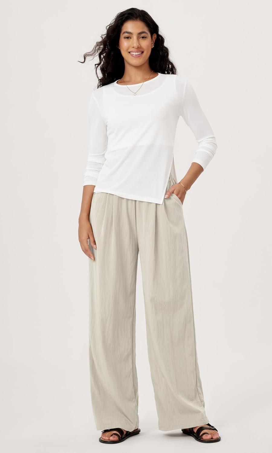 imageODODOS Womens Wide Leg Pants with Pockets Crinkle Comfy High Waist PullOn Lounge Casual PantsVaporous Gray