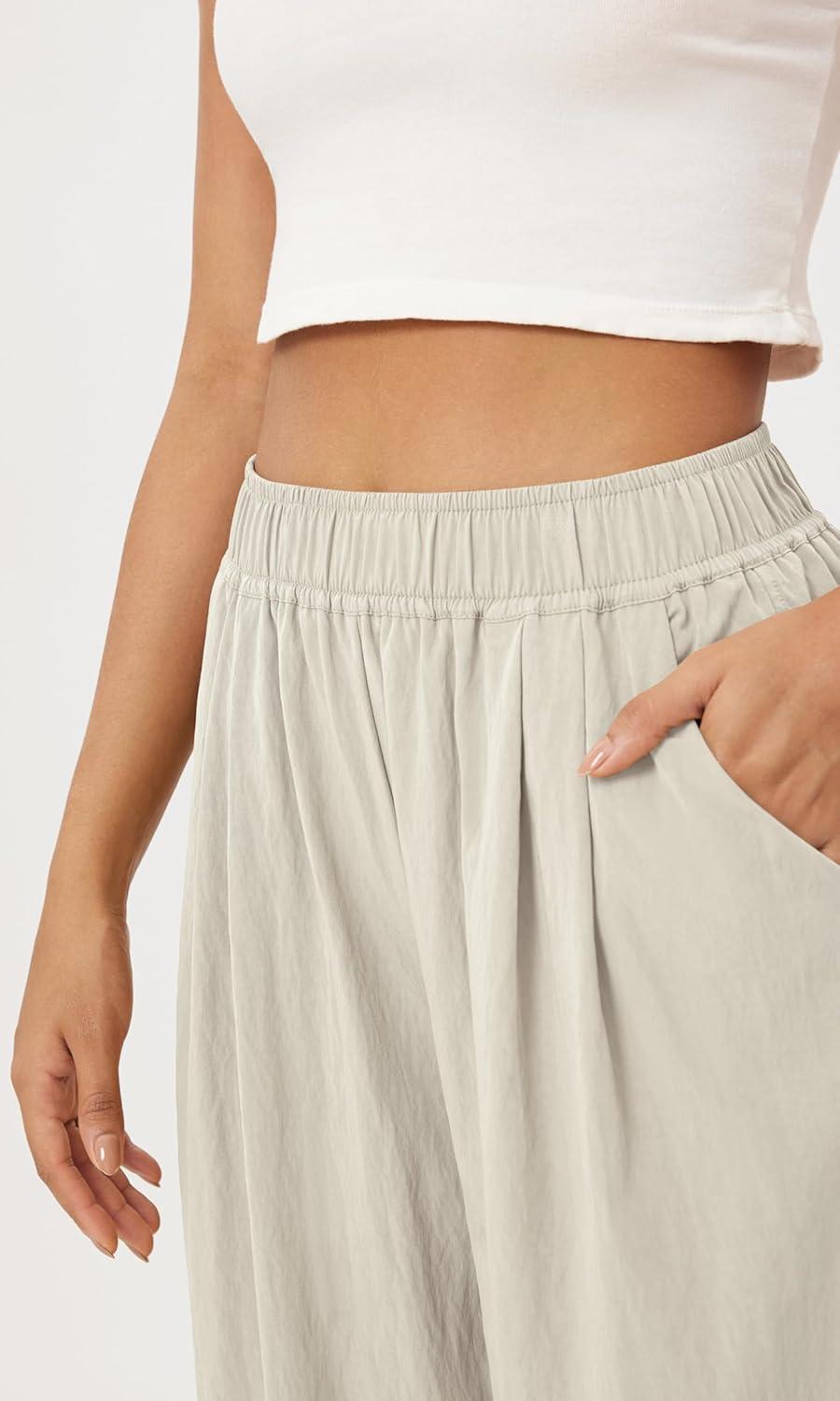 imageODODOS Womens Wide Leg Pants with Pockets Crinkle Comfy High Waist PullOn Lounge Casual PantsVaporous Gray