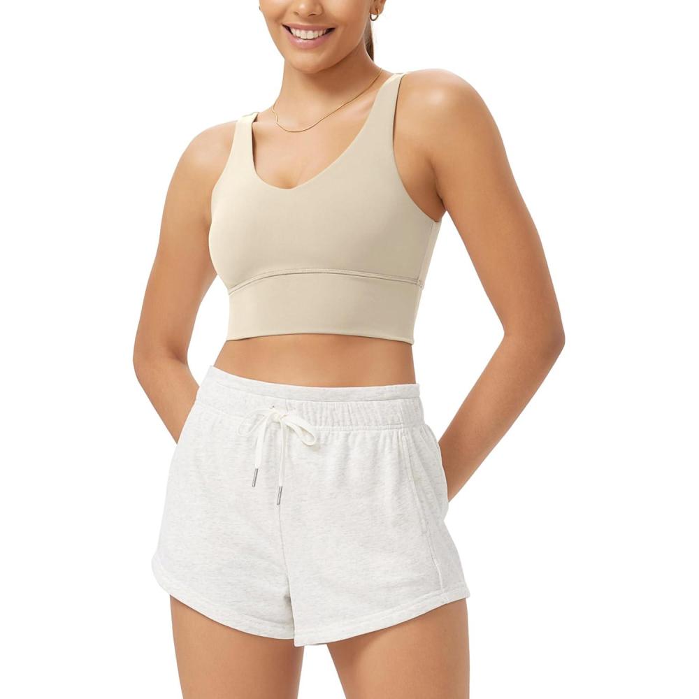 imageODODOS Cloud Feeling V Neck Padded Sports Bra for Women U Back Wirefree Yoga Bra Crop TopOat Milk