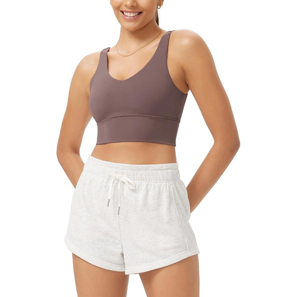 imageODODOS Cloud Feeling V Neck Padded Sports Bra for Women U Back Wirefree Yoga Bra Crop TopPurple Taupe