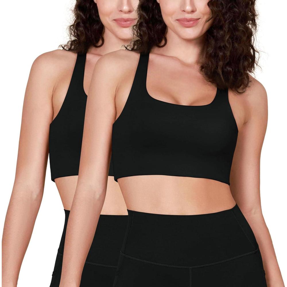 imageODODOS Racerback Sports Bra for Women Non Padded Double Layer Yoga Tank Workout Crop TopsBlackblack