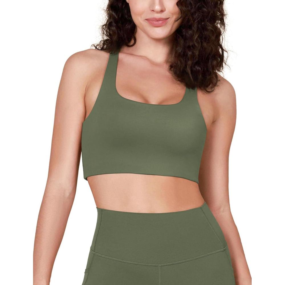 imageODODOS Racerback Sports Bra for Women Non Padded Double Layer Yoga Tank Workout Crop TopsDark Olive