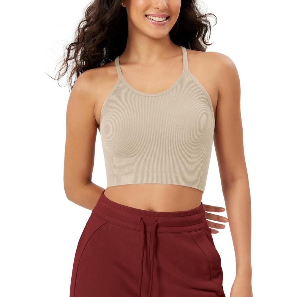 imageODODOS Womens Crop Seamless RibKnit Camisole Strappy Racerback Cropped Tank TopsMushroom
