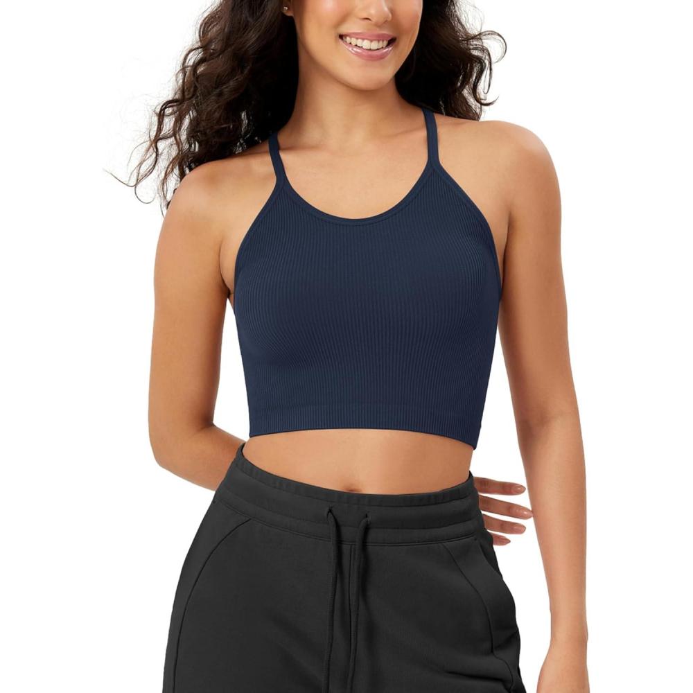 imageODODOS Womens Crop Seamless RibKnit Camisole Strappy Racerback Cropped Tank TopsNavy