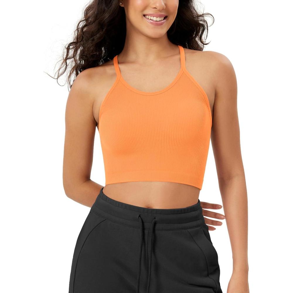 imageODODOS Womens Crop Seamless RibKnit Camisole Strappy Racerback Cropped Tank TopsNeon Orange