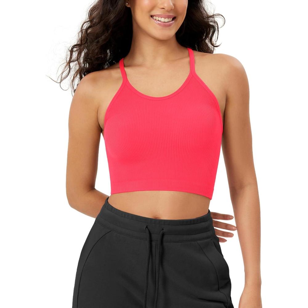 imageODODOS Womens Crop Seamless RibKnit Camisole Strappy Racerback Cropped Tank TopsNeon Pink