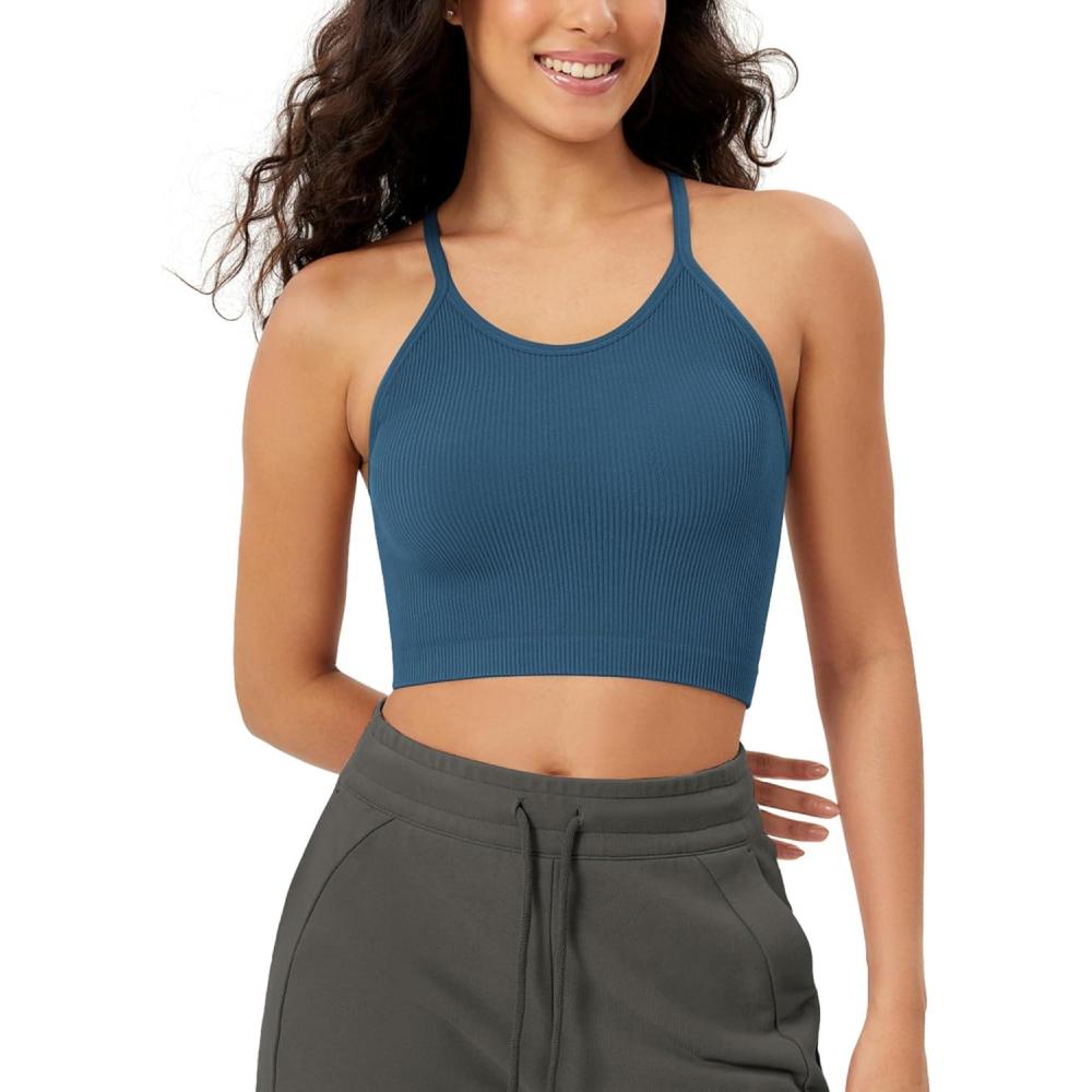 imageODODOS Womens Crop Seamless RibKnit Camisole Strappy Racerback Cropped Tank TopsOcean