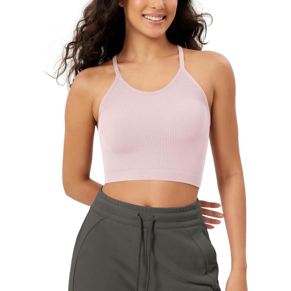 imageODODOS Womens Crop Seamless RibKnit Camisole Strappy Racerback Cropped Tank TopsPink Lace