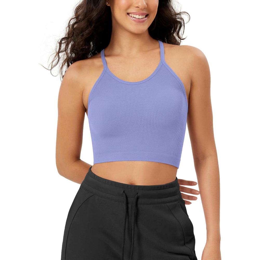imageODODOS Womens Crop Seamless RibKnit Camisole Strappy Racerback Cropped Tank TopsPurple