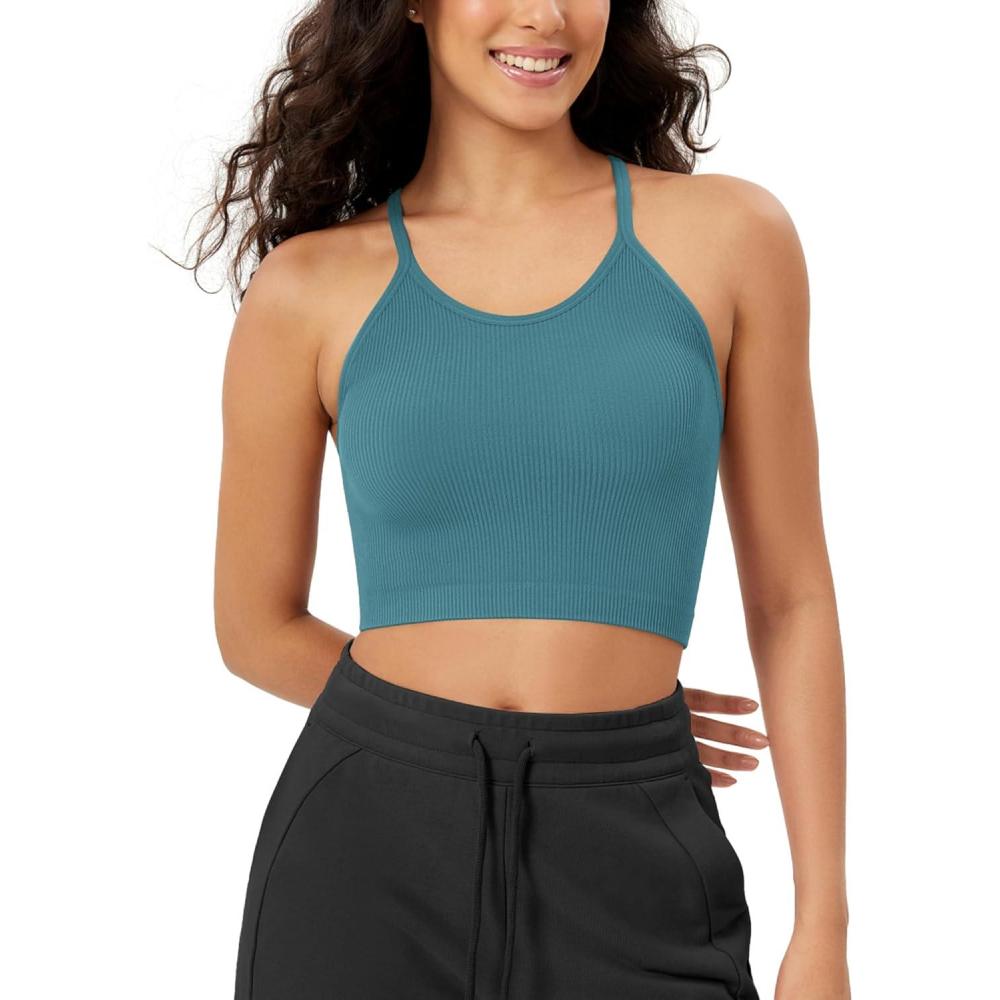 imageODODOS Womens Crop Seamless RibKnit Camisole Strappy Racerback Cropped Tank TopsSky Blue