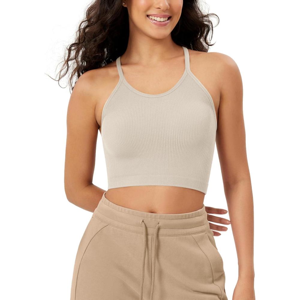 imageODODOS Womens Crop Seamless RibKnit Camisole Strappy Racerback Cropped Tank TopsStar White