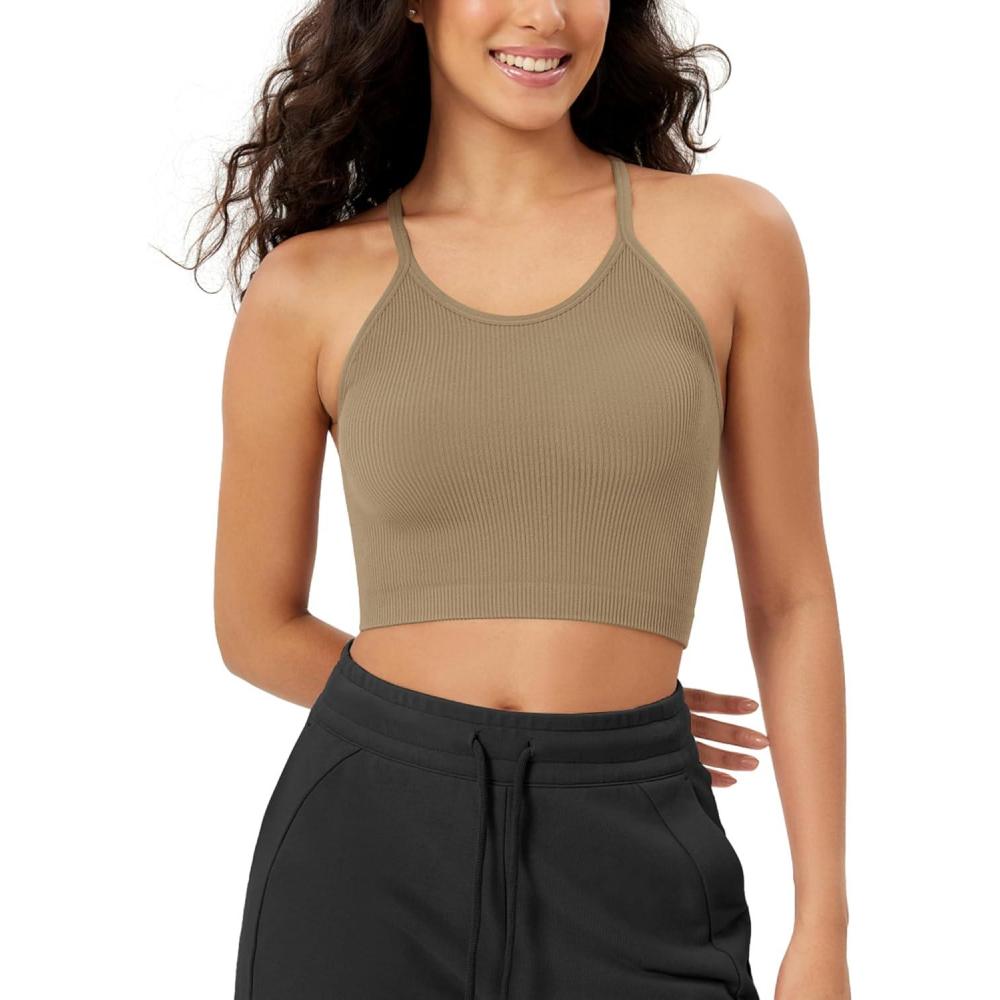 imageODODOS Womens Crop Seamless RibKnit Camisole Strappy Racerback Cropped Tank TopsTaupe