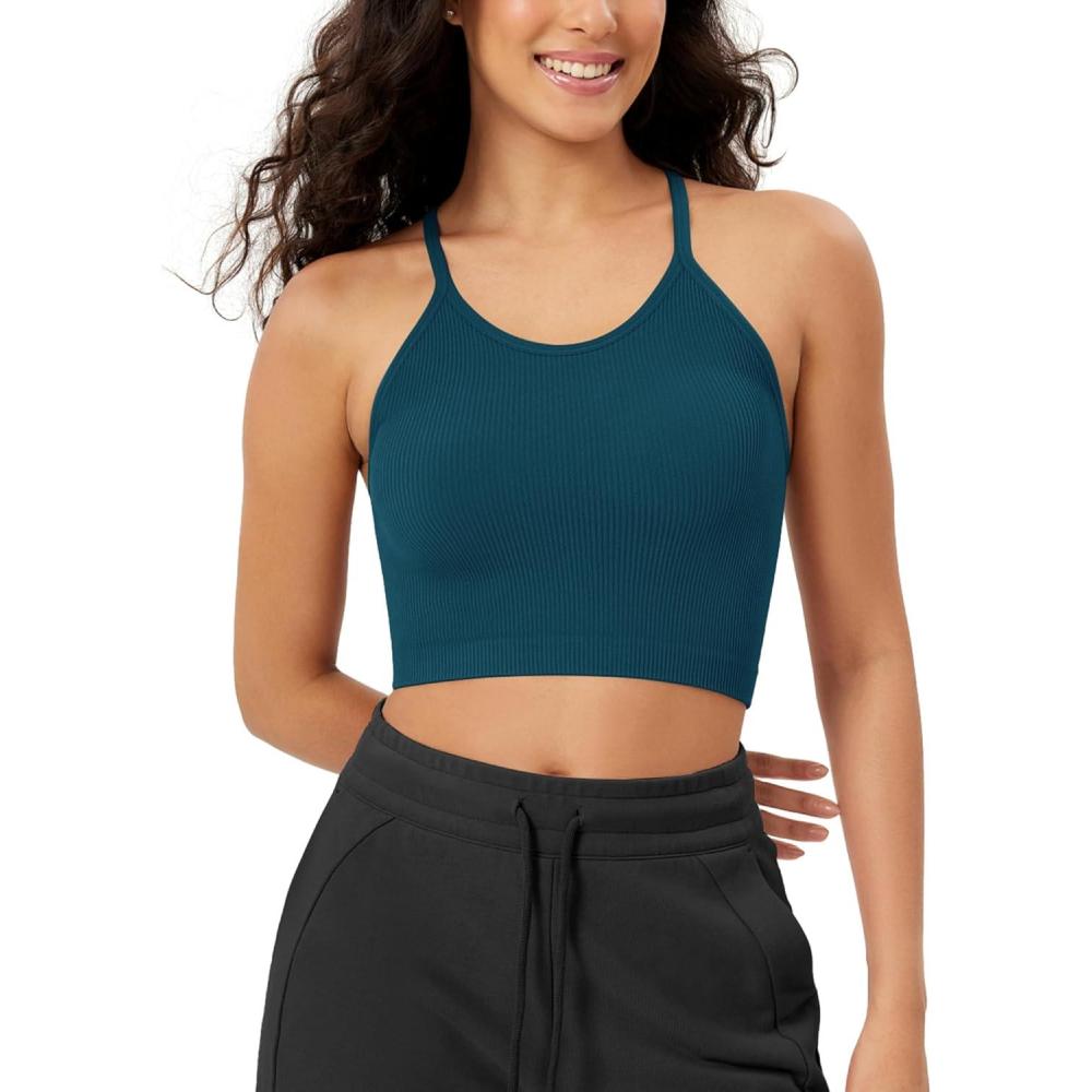 imageODODOS Womens Crop Seamless RibKnit Camisole Strappy Racerback Cropped Tank TopsTeal