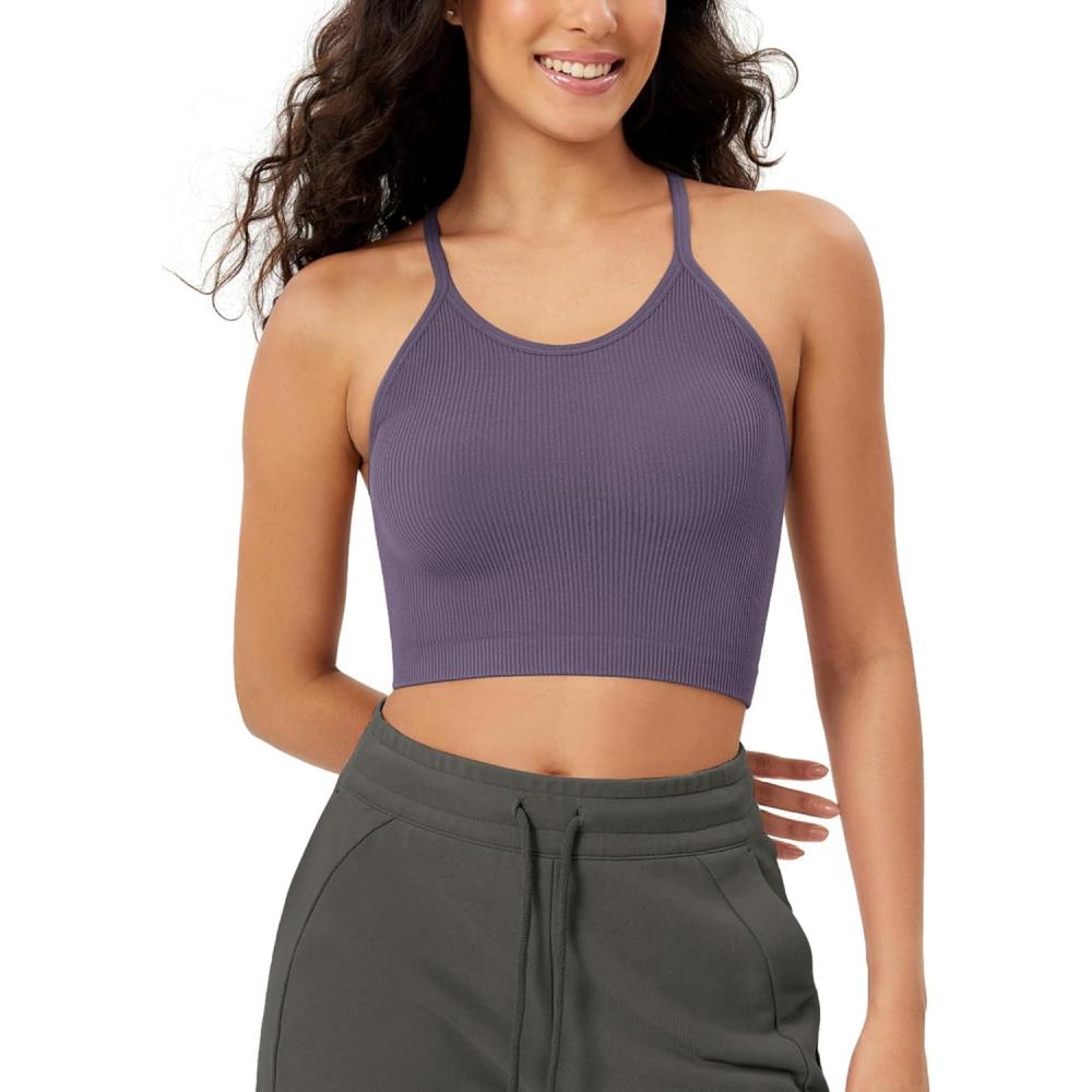 imageODODOS Womens Crop Seamless RibKnit Camisole Strappy Racerback Cropped Tank TopsViolet