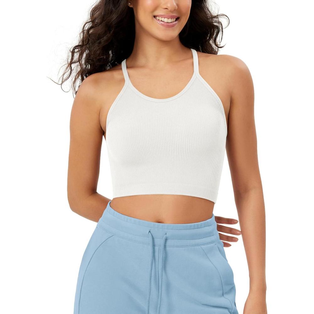 imageODODOS Womens Crop Seamless RibKnit Camisole Strappy Racerback Cropped Tank TopsWhite