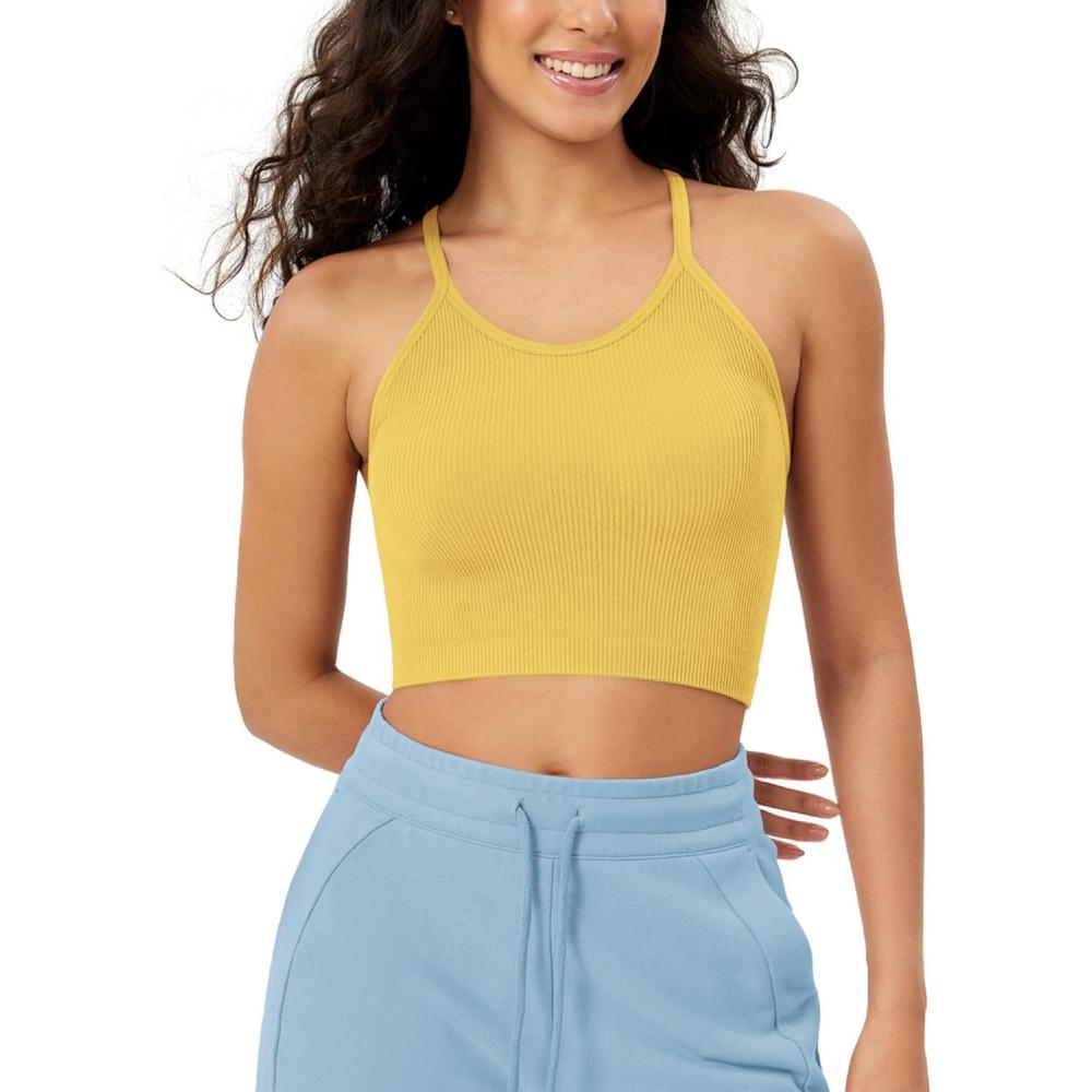 imageODODOS Womens Crop Seamless RibKnit Camisole Strappy Racerback Cropped Tank TopsYellow