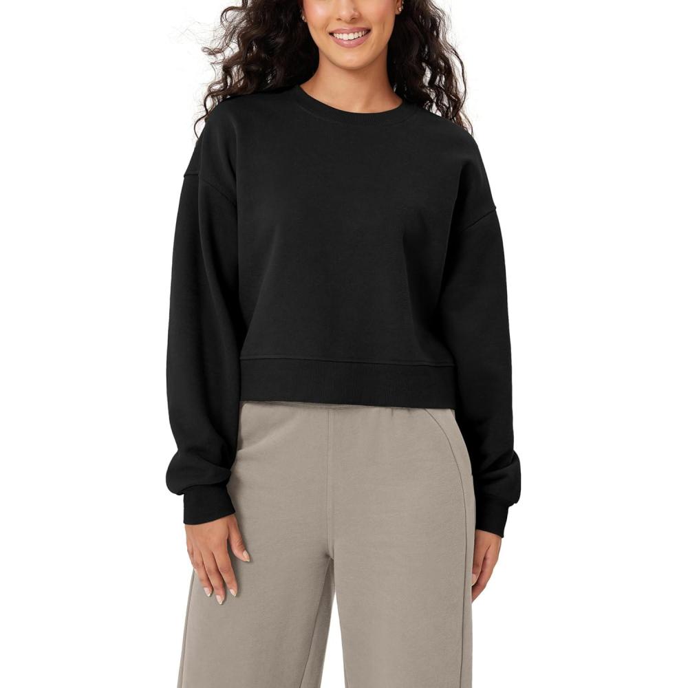 imageODODOS Womens Fleece Lined Oversized Cropped Sweatshirts Long Sleeve Crew Neck Pullover Crop TopBlack