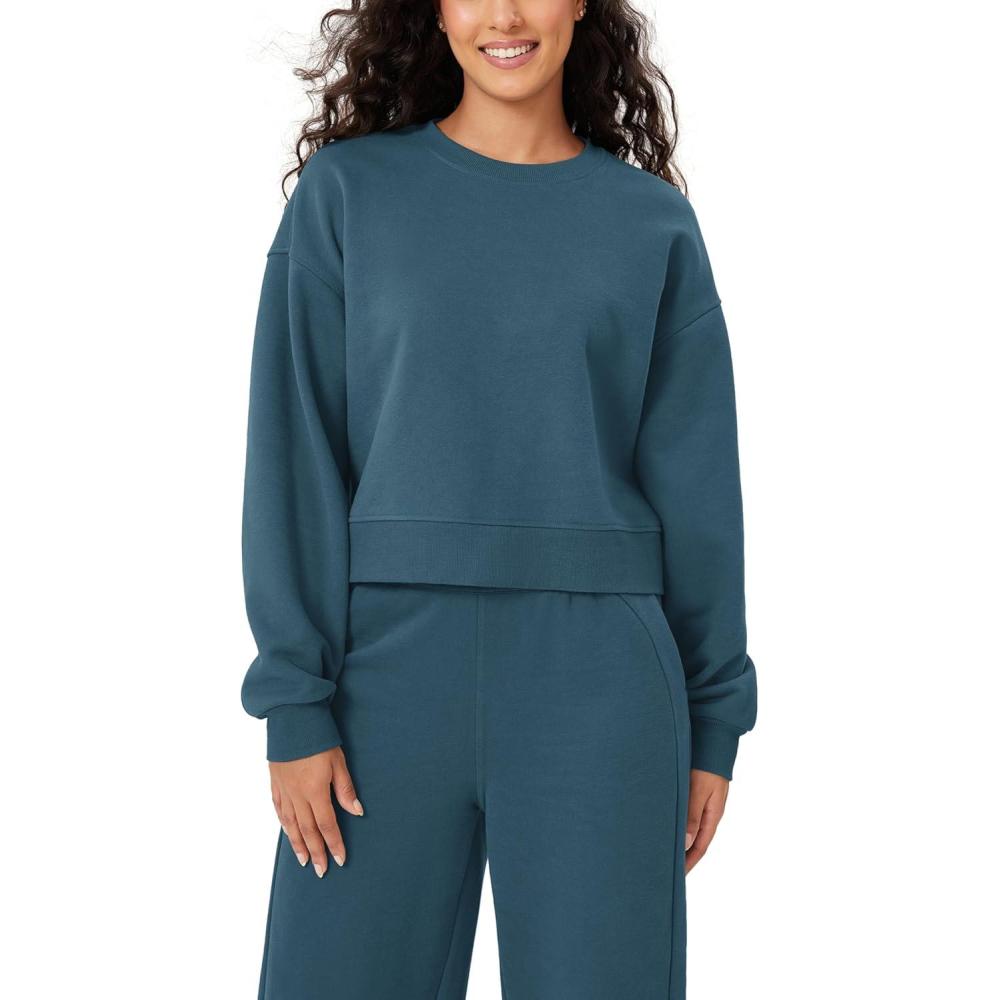 imageODODOS Womens Fleece Lined Oversized Cropped Sweatshirts Long Sleeve Crew Neck Pullover Crop TopInk Blue