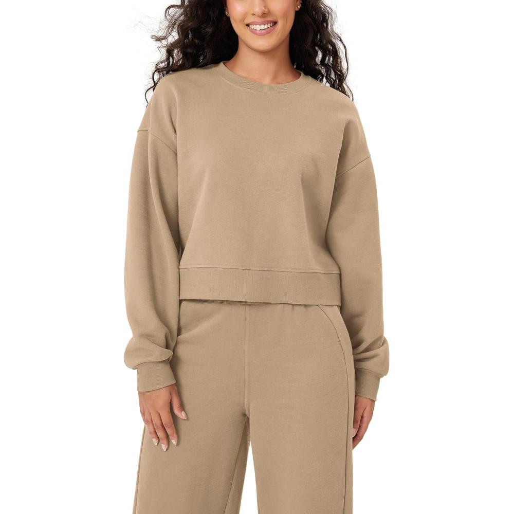 imageODODOS Womens Fleece Lined Oversized Cropped Sweatshirts Long Sleeve Crew Neck Pullover Crop TopKhaki
