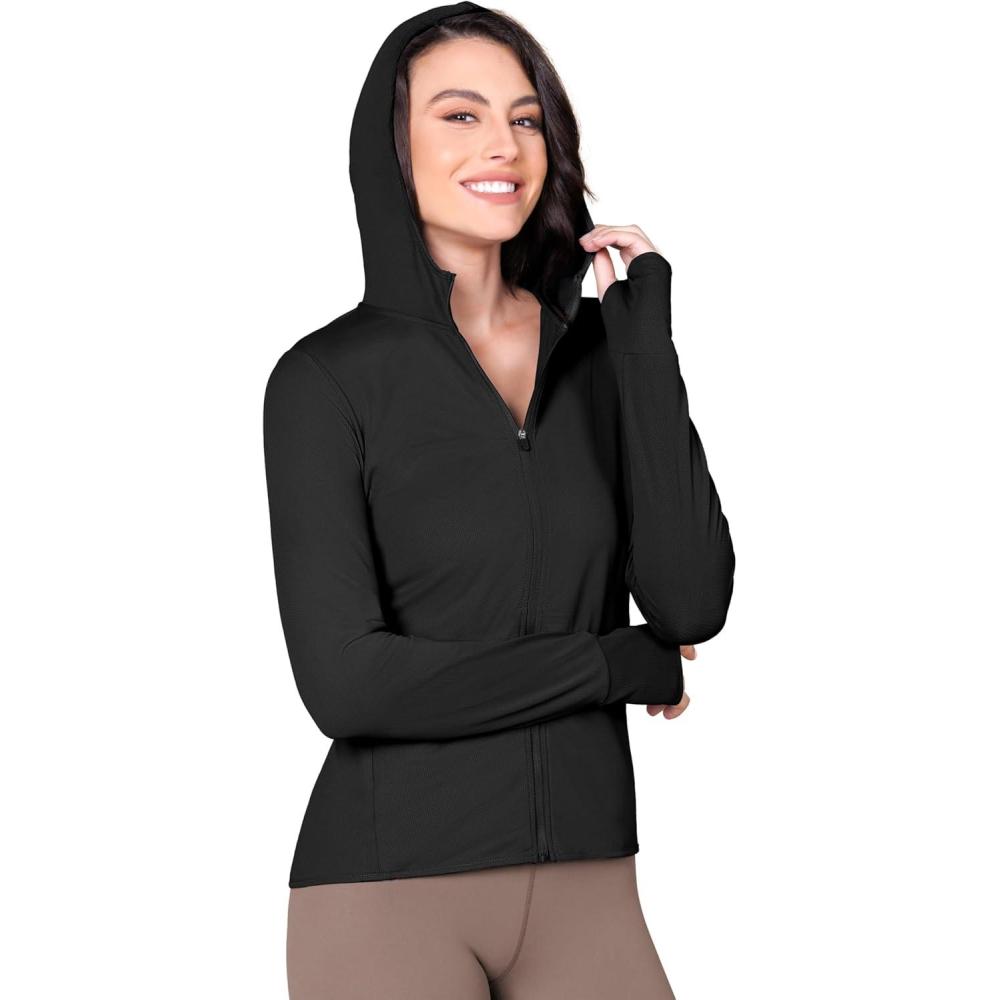 imageODODOS Womens UPF 50 Sun Protection Hoodie with Pockets Thumb Holes SPF Lightweight Long Sleeve Full Zip JacketBlack
