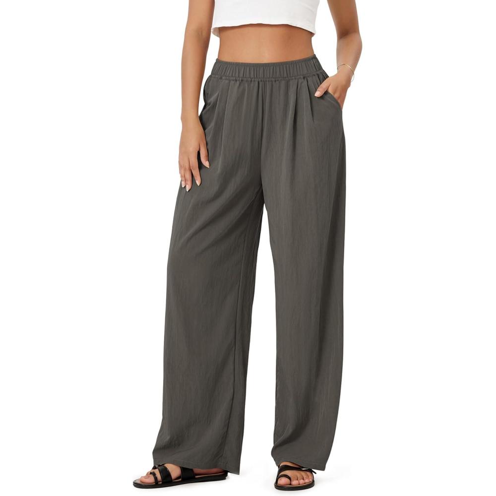 imageODODOS Womens Wide Leg Pants with Pockets Crinkle Comfy High Waist PullOn Lounge Casual PantsCharcoal