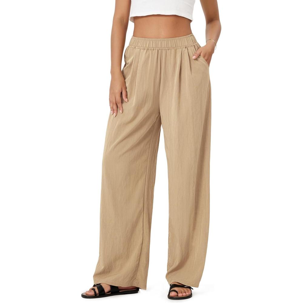 imageODODOS Womens Wide Leg Pants with Pockets Crinkle Comfy High Waist PullOn Lounge Casual PantsKhaki