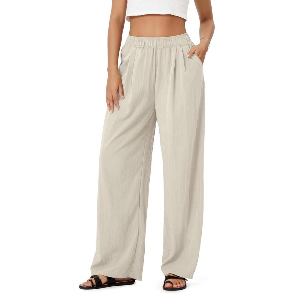 imageODODOS Womens Wide Leg Pants with Pockets Crinkle Comfy High Waist PullOn Lounge Casual PantsVaporous Gray