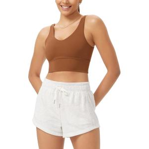 imageODODOS Cloud Feeling V Neck Padded Sports Bra for Women U Back Wirefree Yoga Bra Crop TopCaramel